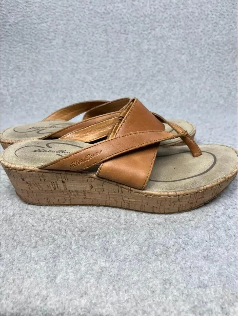 Eddie Bauer Kara Womens 9 Brown Leather Cork Wedge Thong Sandals Platform Shoes